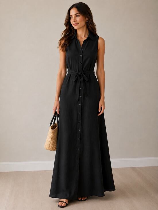 Coldwater Creek Dresses & Skirts - Coldwater Creek Black Linen Maxi Dress Button Front Collared Belt 14 A-line NEW